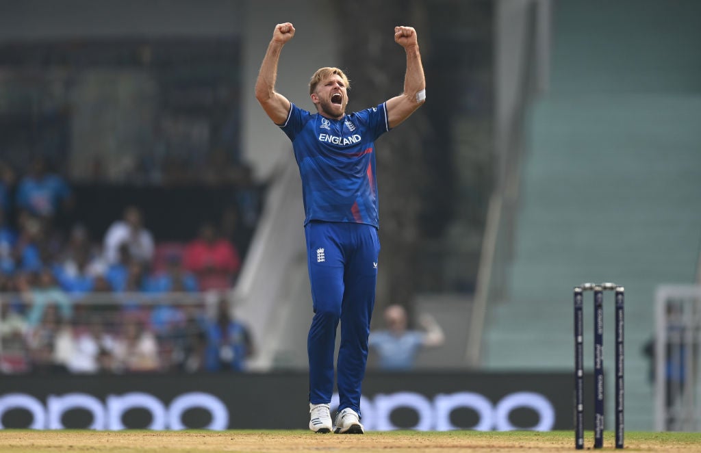 Willey celebrates taking the wicket of Virat Kohli of India at the World Cup