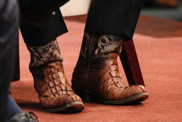 <p>A view of the boots worn by Republican presidential candidate Florida Gov. Ron DeSantis as he speaks at the Heritage Foundation, Friday, Oct. 27, 2023, as part of the Mandate for Leadership Series in Washington. (AP Photo/Jess Rapfogel)</p>