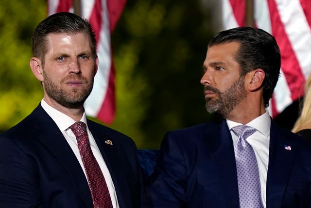 <p>Eric Trump and Donald Trump Jr., wait for President Donald Trump to speak from the South Lawn of the White House, Aug. 27, 2020, in Washington</p>