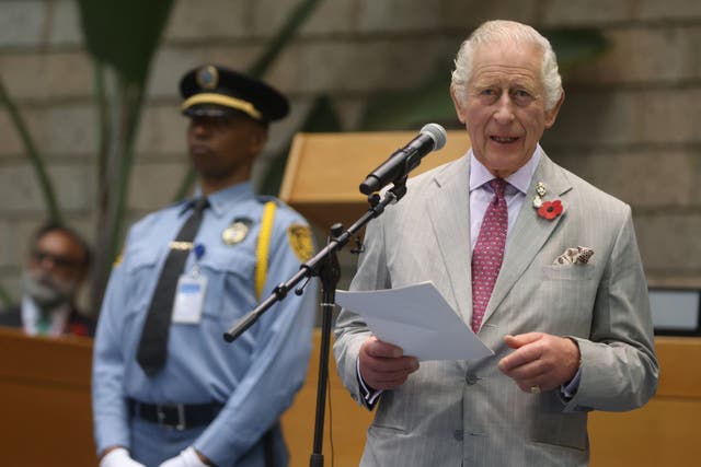 Charles spoke about how he has seen the effects of a changing climate, from rising sea levels to wildfires, when he visited the United Nations Office in Nairobi (Ian Vogler/Daily Mirror/PA)