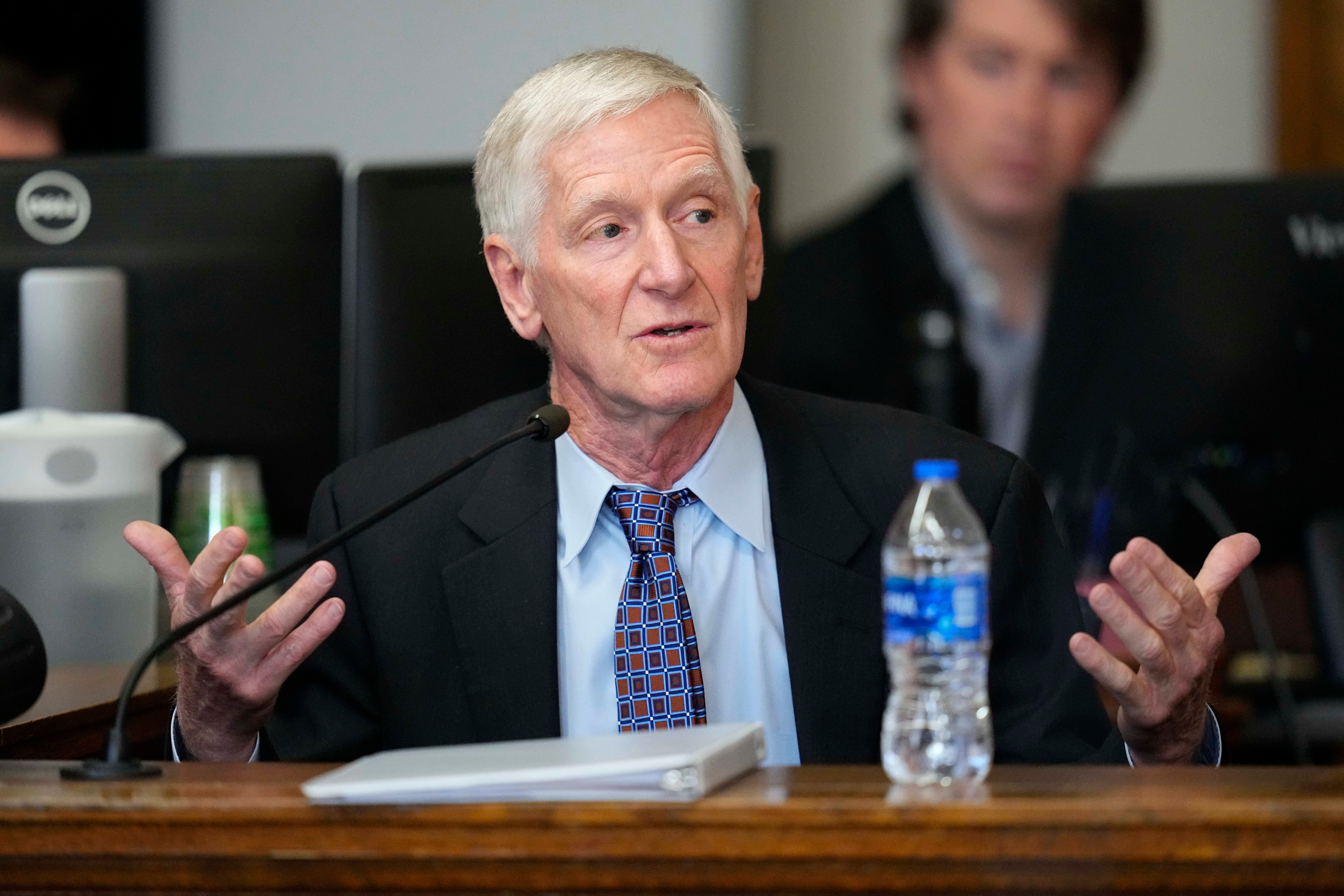 Syracuse University law professor William Banks testifies during a hearing regarding a lawsuit to keep former President Donald Trump off the Colorado state ballot, 31 October 2023