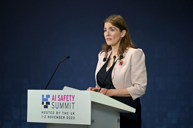 Technology Secretary Michelle Donelan, speaks during the opening plenary at the AI safety summit, the first global summit on the safe use of artificial intelligence, at Bletchley Park in Milton Keynes, Buckinghamshire (Leon Neal/PA)