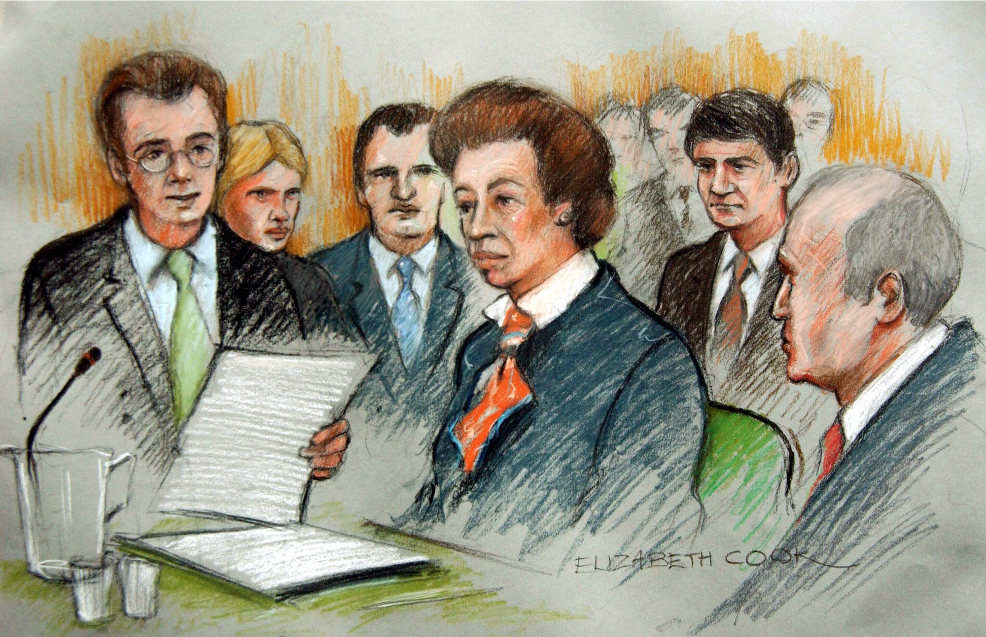 Hugo Keith, left, in a court sketch alongside Princess Anne, whom he was defending after her dog bit two children in 2002