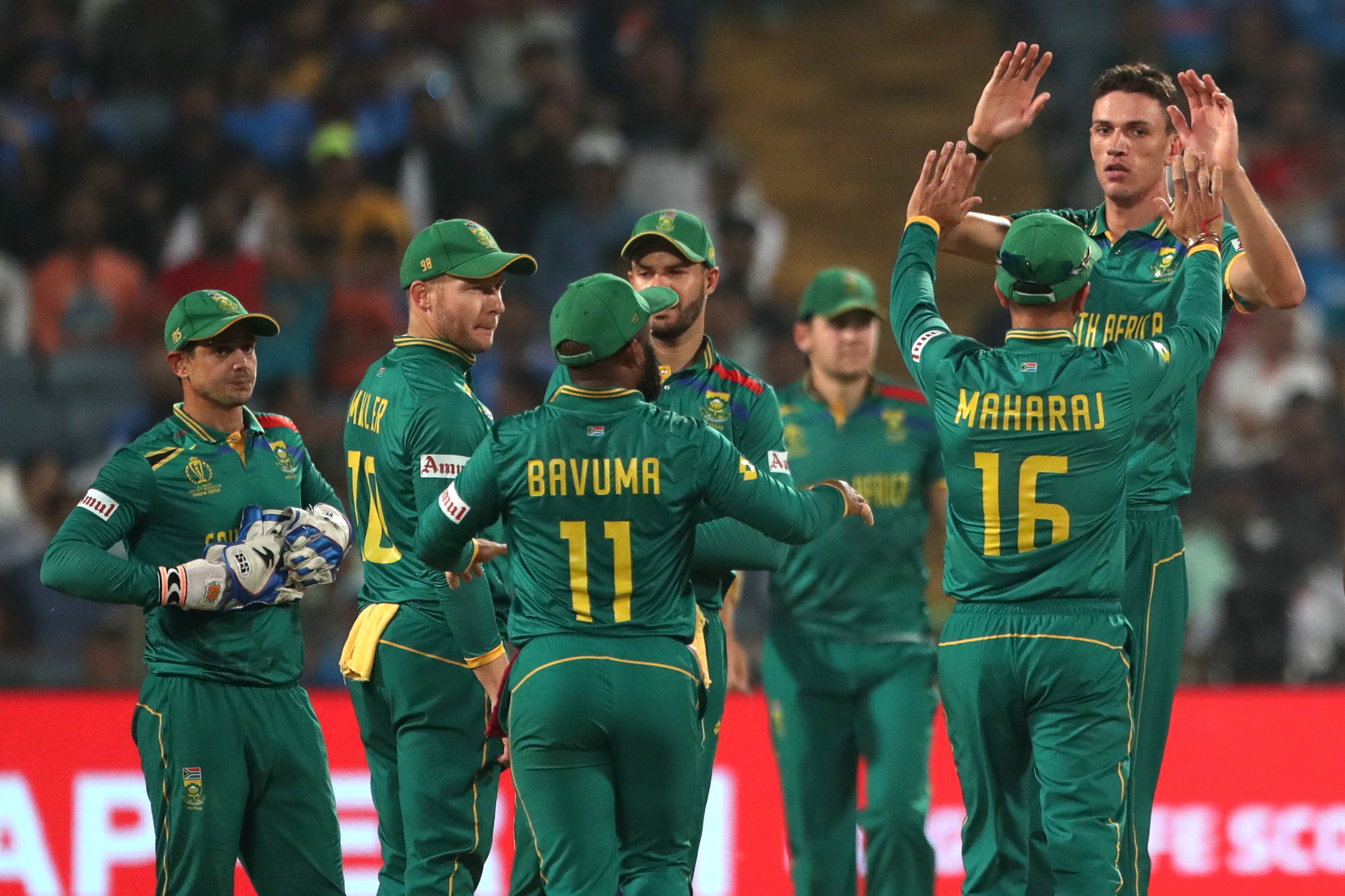 Marco Jansen of South Africa celebrates the wicket of New Zealand’s Tim Southee
