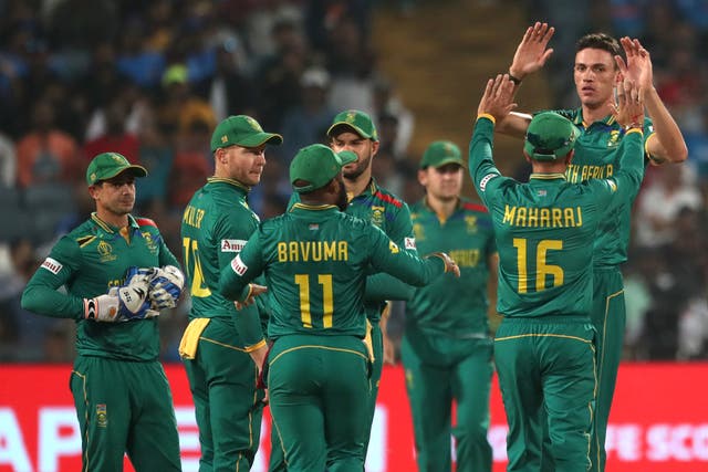 <p>Marco Jansen of South Africa celebrates the wicket of New Zealand’s Tim Southee  </p>
