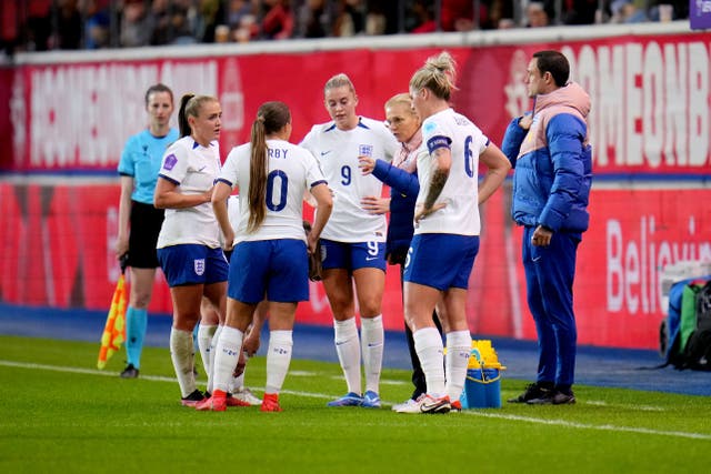 England manager Sarina Wiegman speaks to the team during Tuesday’s match against Belgium (Rene Nijhuis/PA)