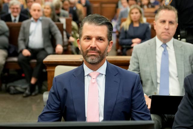 <p>Donald Trump Jr. waits to testify in New York Supreme Court, Wednesday, Nov. 1, 2023, in New York</p>