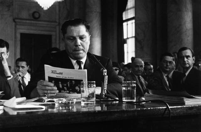 <p>11th August 1958:  American labour leader Jimmy Hoffa (1913 - 1975), President of the Teamster's Union, testifying at a hearing into labor rackets. Rumoured to have mafia connections, Hoffa disappeared in 1975 and no body has ever been found</p>