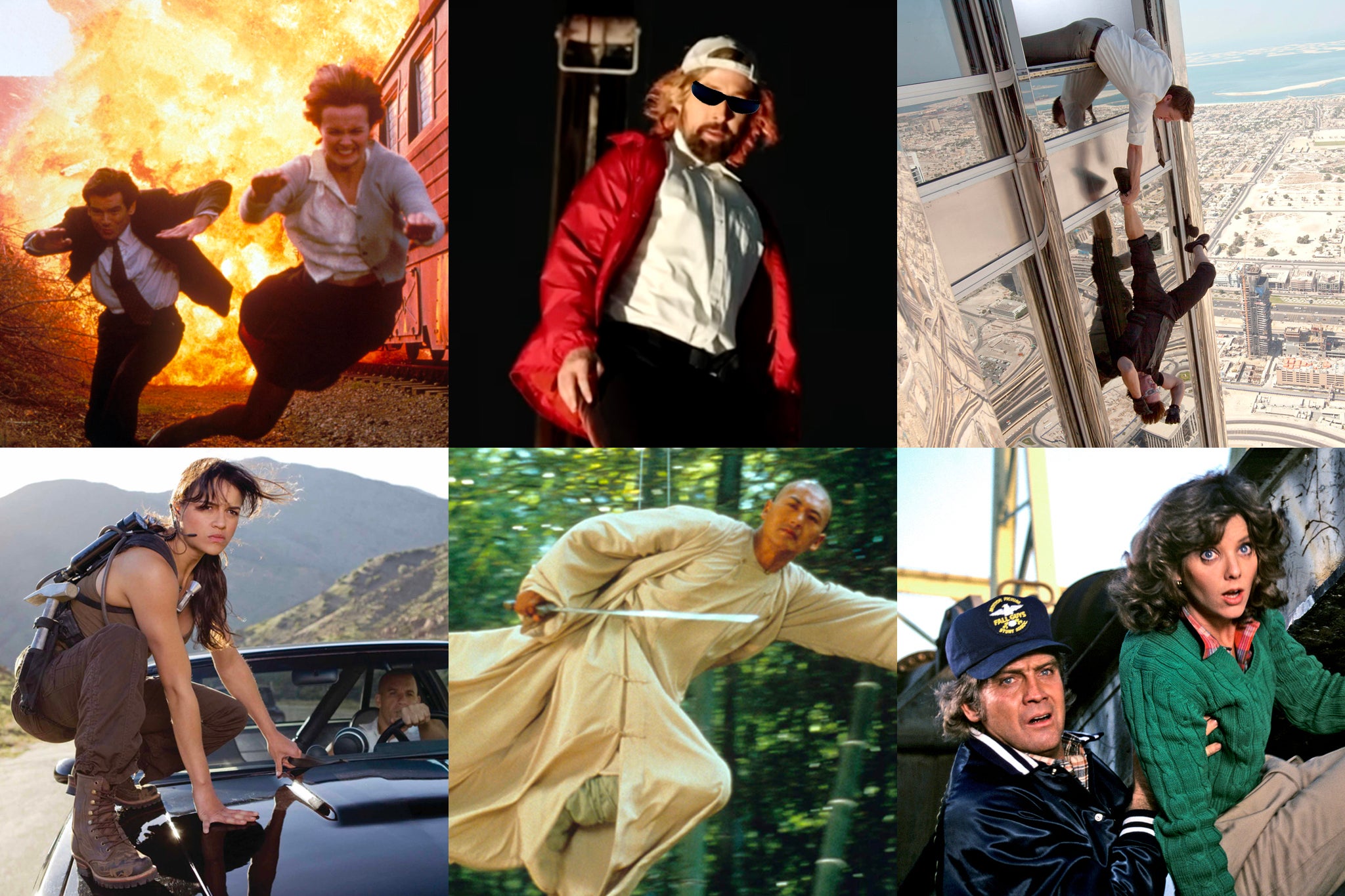 Clockwise from top left: ‘GoldenEye’; Ryan Gosling on the set of ‘The Fall Guy’; Tom Cruise on Burj Khalifa in ‘Mission Impossible 4’; Lee Majors in TV show ‘The Fall Guy’; Chow Yun-fat in ‘Crouching Tiger, Hidden Dragon’; Michelle Rodriguez in ‘Fast & Furious’