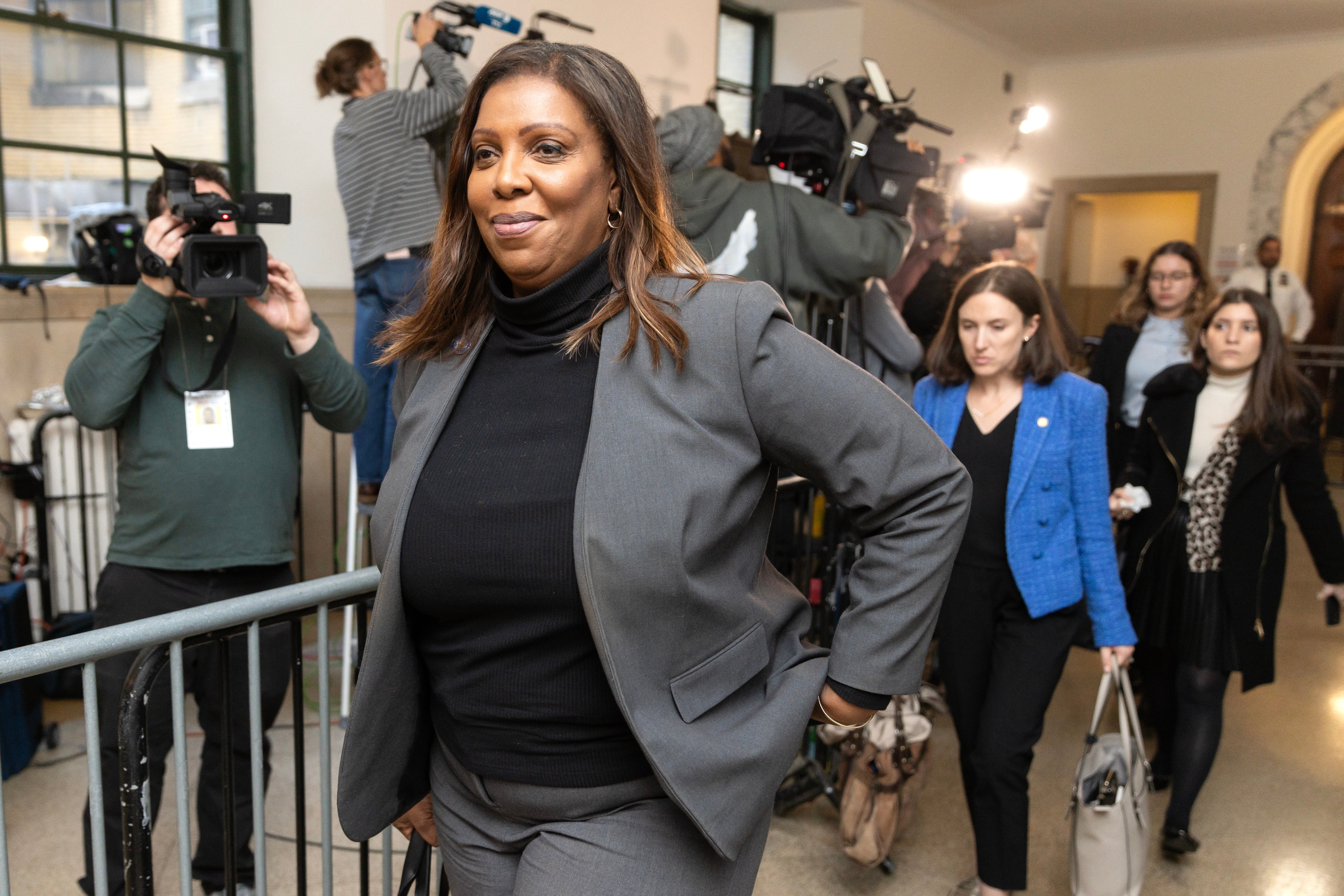 New York Attorney General Letitia James leaves Judge Arthur Engoron’s courtroom after hearing testimony from Donald Trump Jr on 1 November