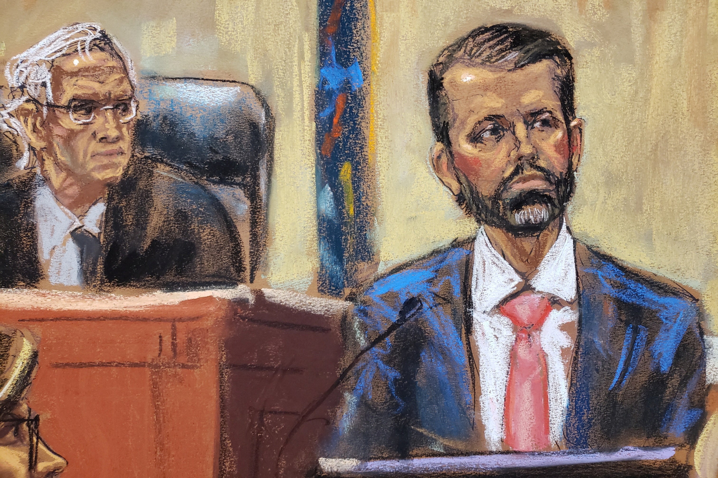 A courtroom sketch depictes Donald Trump Jr on the witness stand next to Judge Arthur Engoron on 1 November