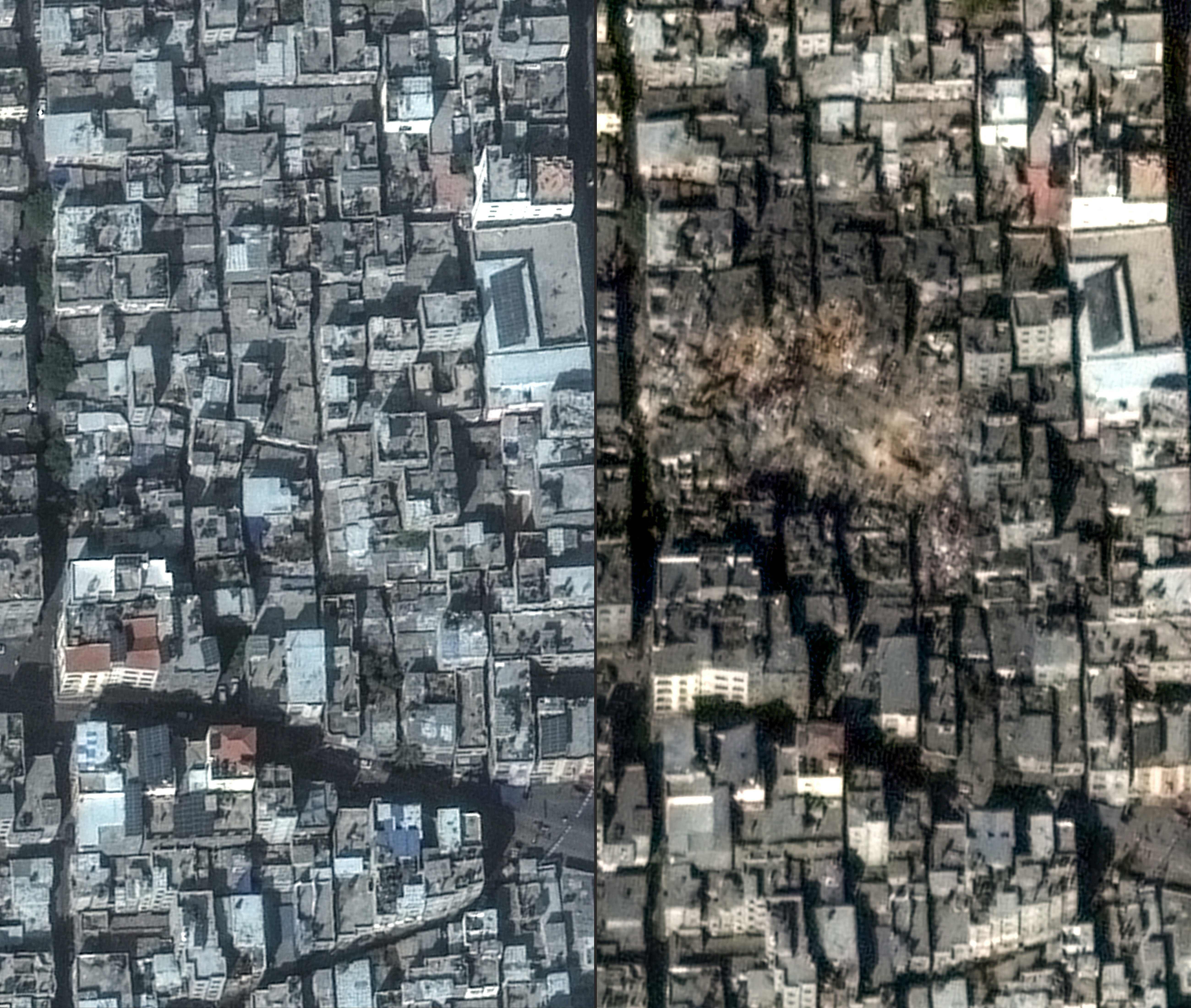 This combination of handout satellite images released by Maxar Technology and created shows before and after of Jabalia refugee camp