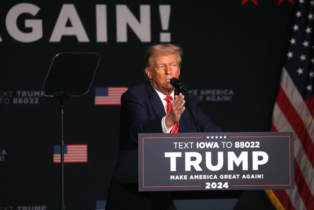 <p> Republican presidential candidate former US president Donald Trump hosts a campaign event at the Orpheum Theater on 29 October 2023 in Sioux City, Iowa</p>