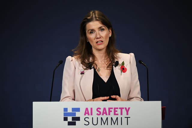 Michelle Donelan, Secretary of State for Science, Innovation, and Technology, speaks during the AI safety summit (Leon Neal/PA)