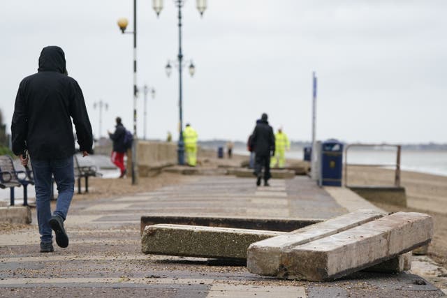 Concrete slabs displaced at Eastney Esplanade in Southsea, Portsmouth as Storm Ciaran brings high winds and heavy rain along the south coast of England (Andrew Matthews/PA)