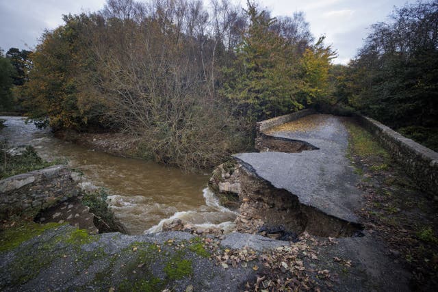 The River Big Bridge in Co Louth partly collapsed after heavy fall (Liam McBurney/PA)