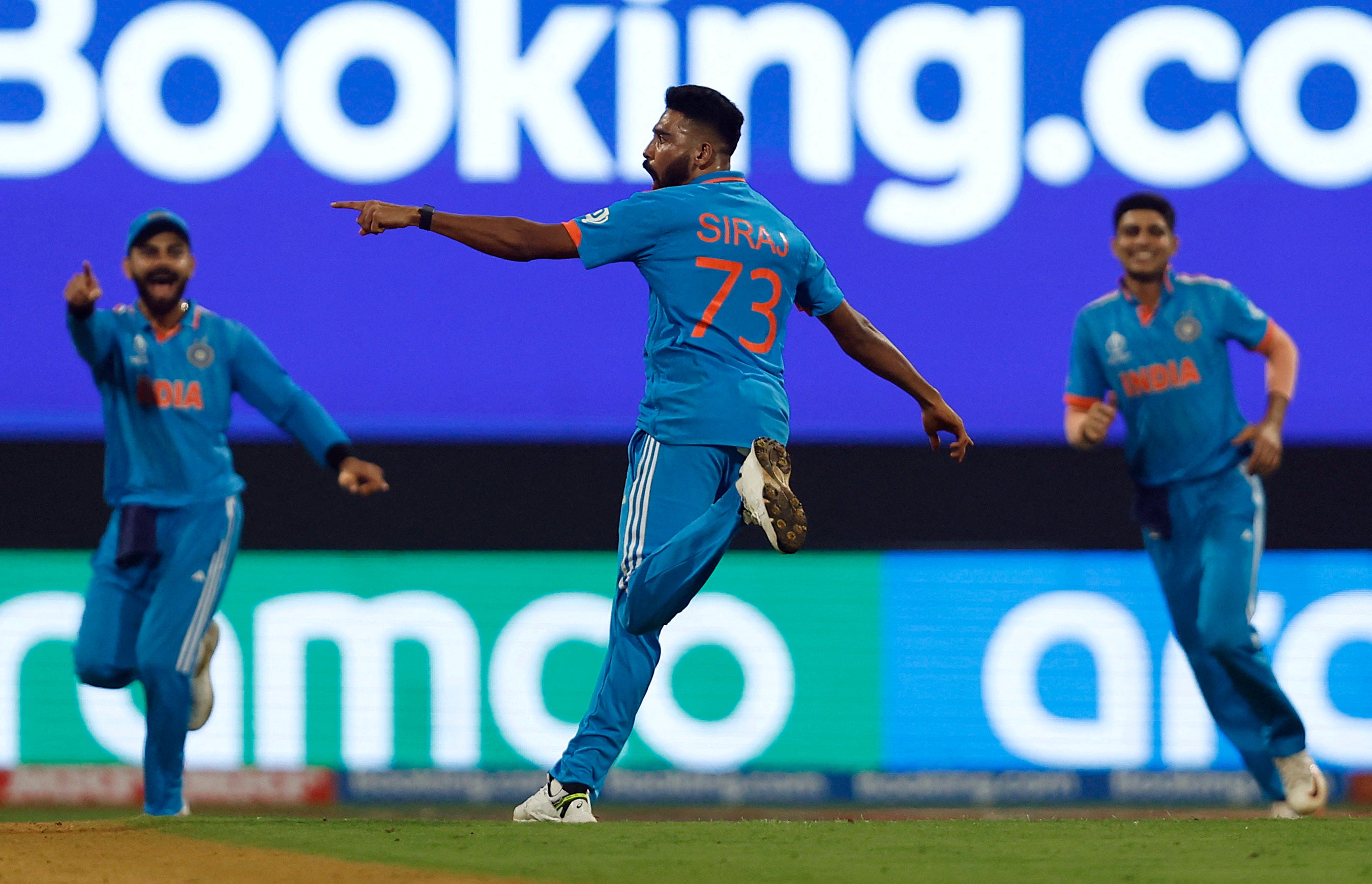 India's Mohammed Siraj celebrates after taking the wicket of Sri Lanka's Sadeera Samarawickrama, caught by Shreyas Iyer