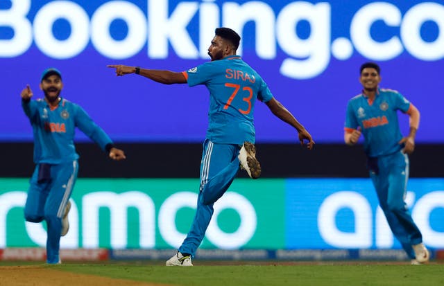 <p>India's Mohammed Siraj celebrates after taking the wicket of Sri Lanka's Sadeera Samarawickrama, caught by Shreyas Iyer </p>
