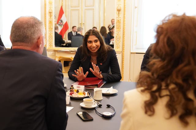 Home Secretary Suella Braverman during a bilateral meeting with Austria’s interior minister Gerhard Karner in Vienna (Stefan Rousseau/PA)