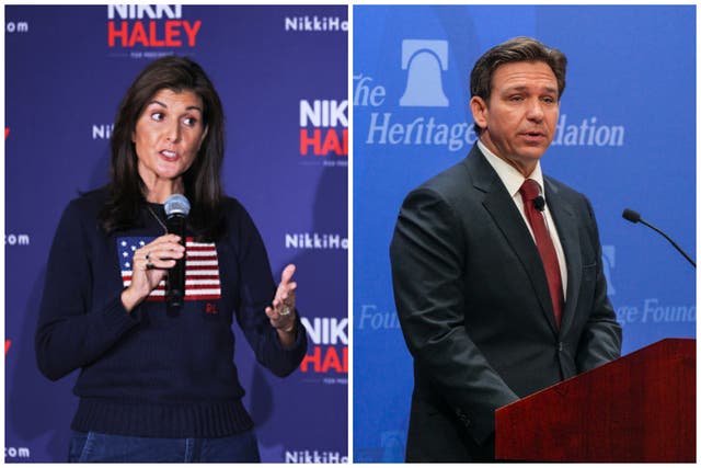 <p>Nikki Haley (left) poked fun at rumours that her 2024 presidential campaign rival Ron DeSantis (right) wears high heels  </p>