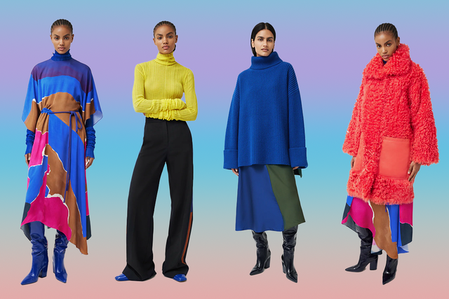 <p>Shearling coats, satin skirts and plissé knit polos all feature in vibrant shades</p>