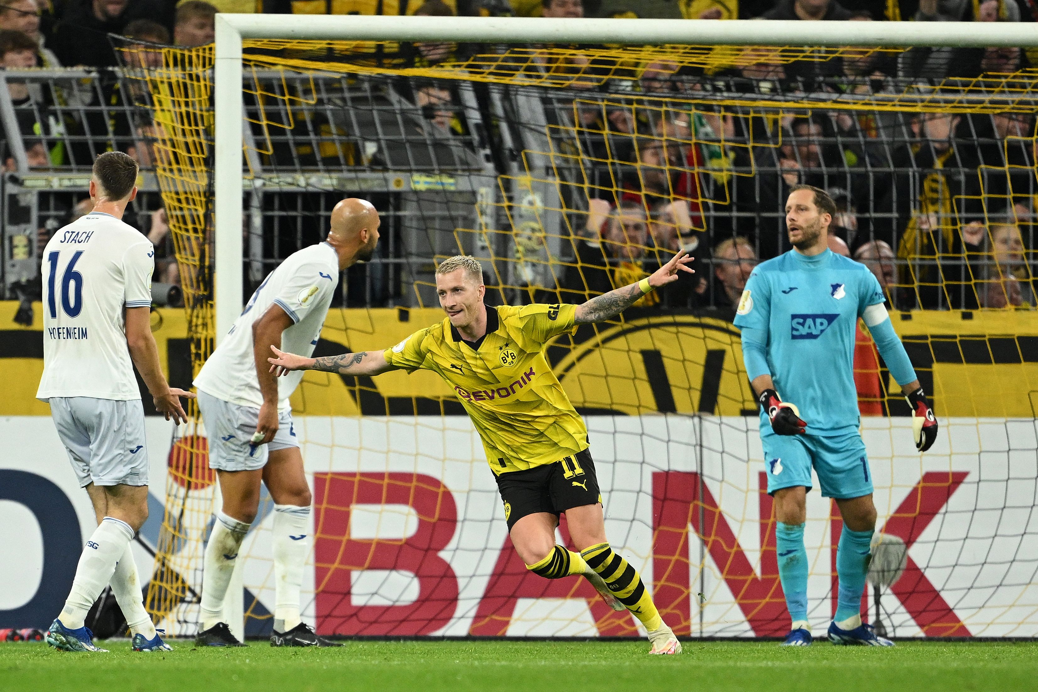 Dortmund’s Marco Reus celebrates scoring past Hoffenheim