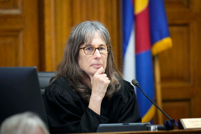 <p>Judge Sarah B Wallace presides over a hearing for a lawsuit to keep former President Donald Trump off the 2024 Colorado ballot</p>