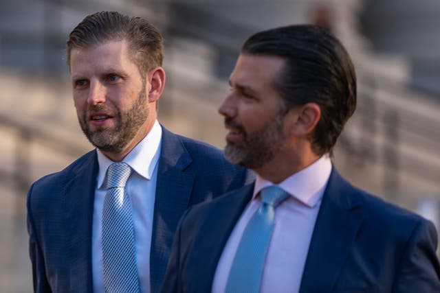 <p>Eric Trump and Donald Trump Jr appear outside New York Supreme Court on 2 November. </p>
