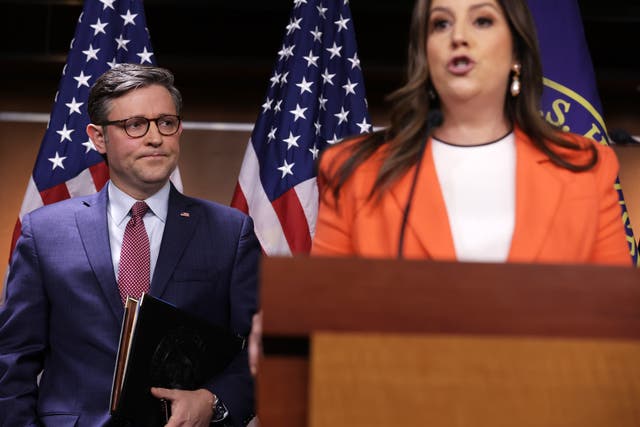 <p>U.S. House Republican Conference Chair Rep. Elise Stefanik (R-NY) (R) speaks as Speaker of the House Rep. Mike Johnson (R-LA) listens during a news briefing at the U.S. Capitol on November 2, 2023 in Washington, DC. </p>