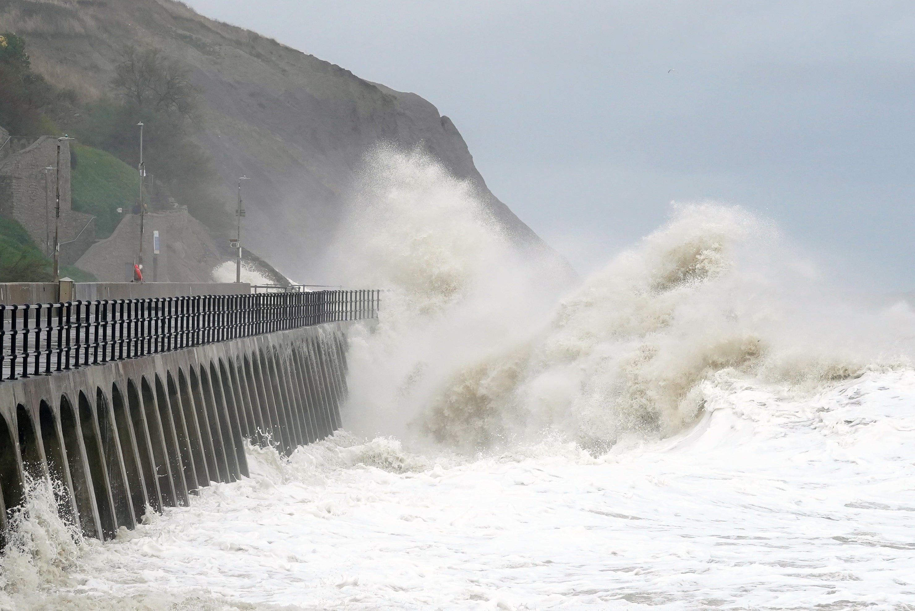 Waves crash over the promenade in Folkestone, Kent, as Storm Ciaran brings high winds and heavy rain along the south coast of England