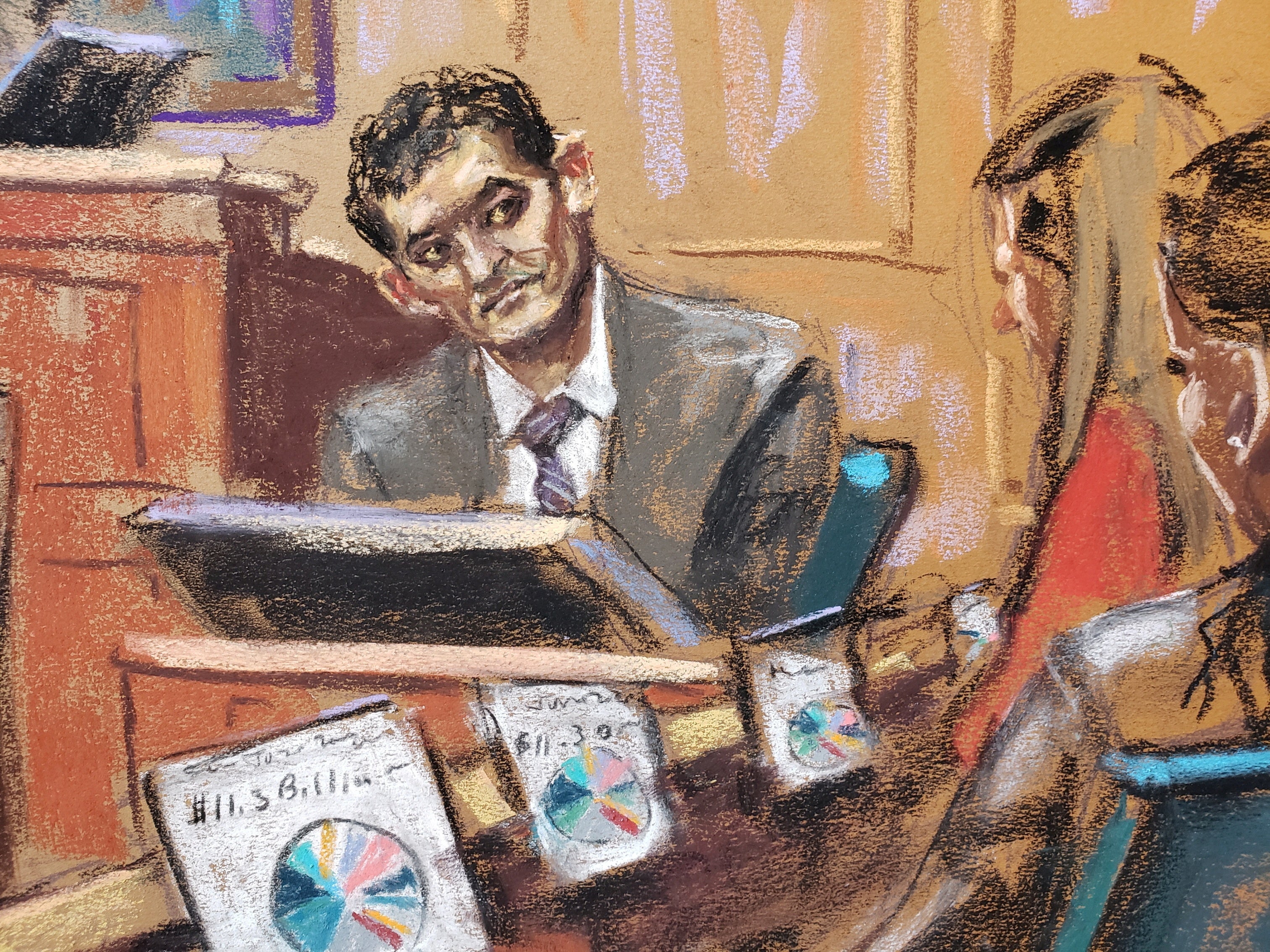 FTX founder Sam Bankman-Fried is questioned by prosecutor Danielle Sassoon (not seen) during his fraud trial over the collapse of the bankrupt cryptocurrency exchange at federal court in New York City, U.S., October 31, 2023 in this courtroom sketch