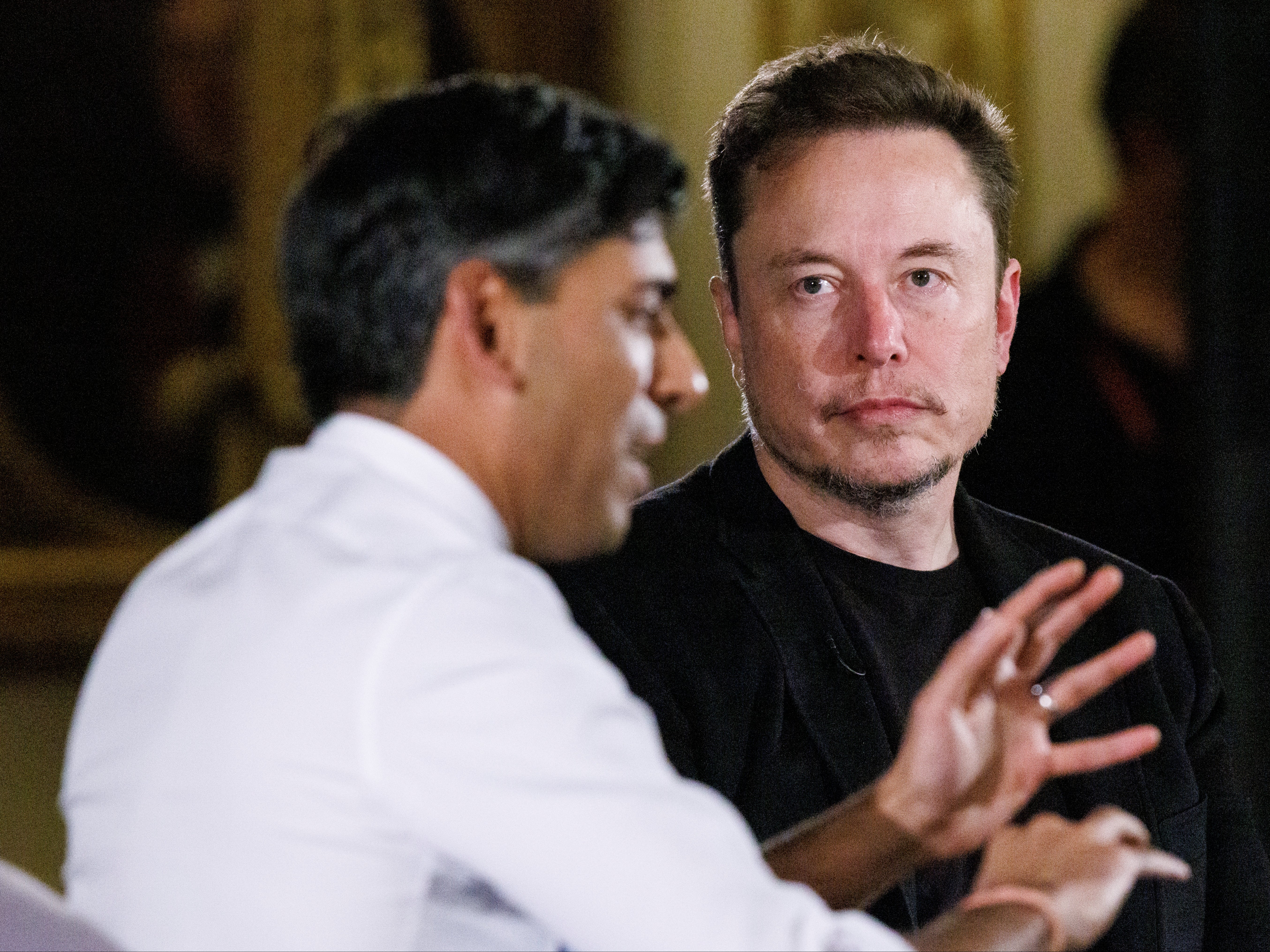 Elon Musk listens to Rishi Sunak at the UK-hosted artificial intelligence safety summit this week