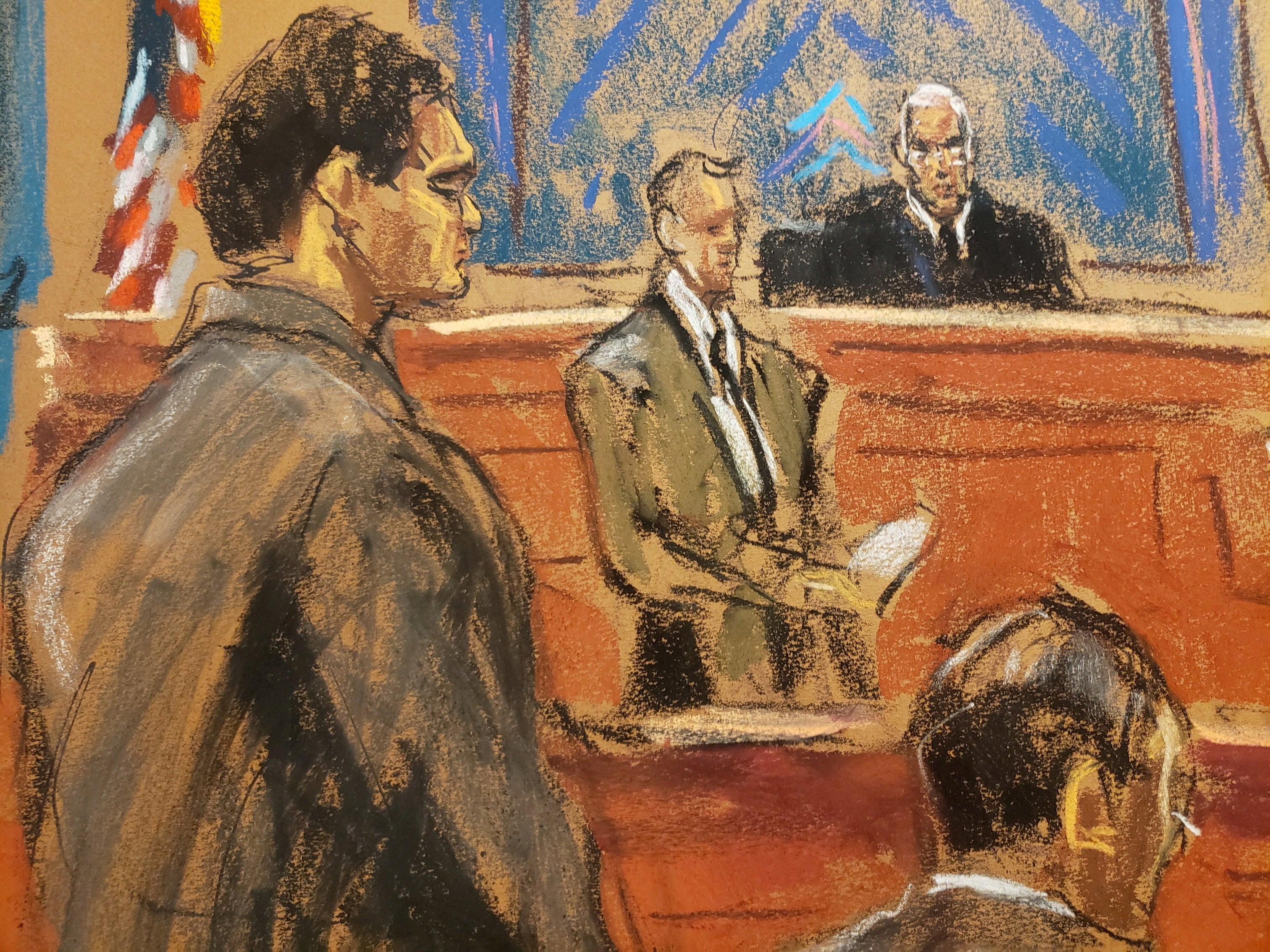 Court sketch shows FTX founder Sam Bankman-Fried standing as the jury foreperson reads the verdict in his fraud trial