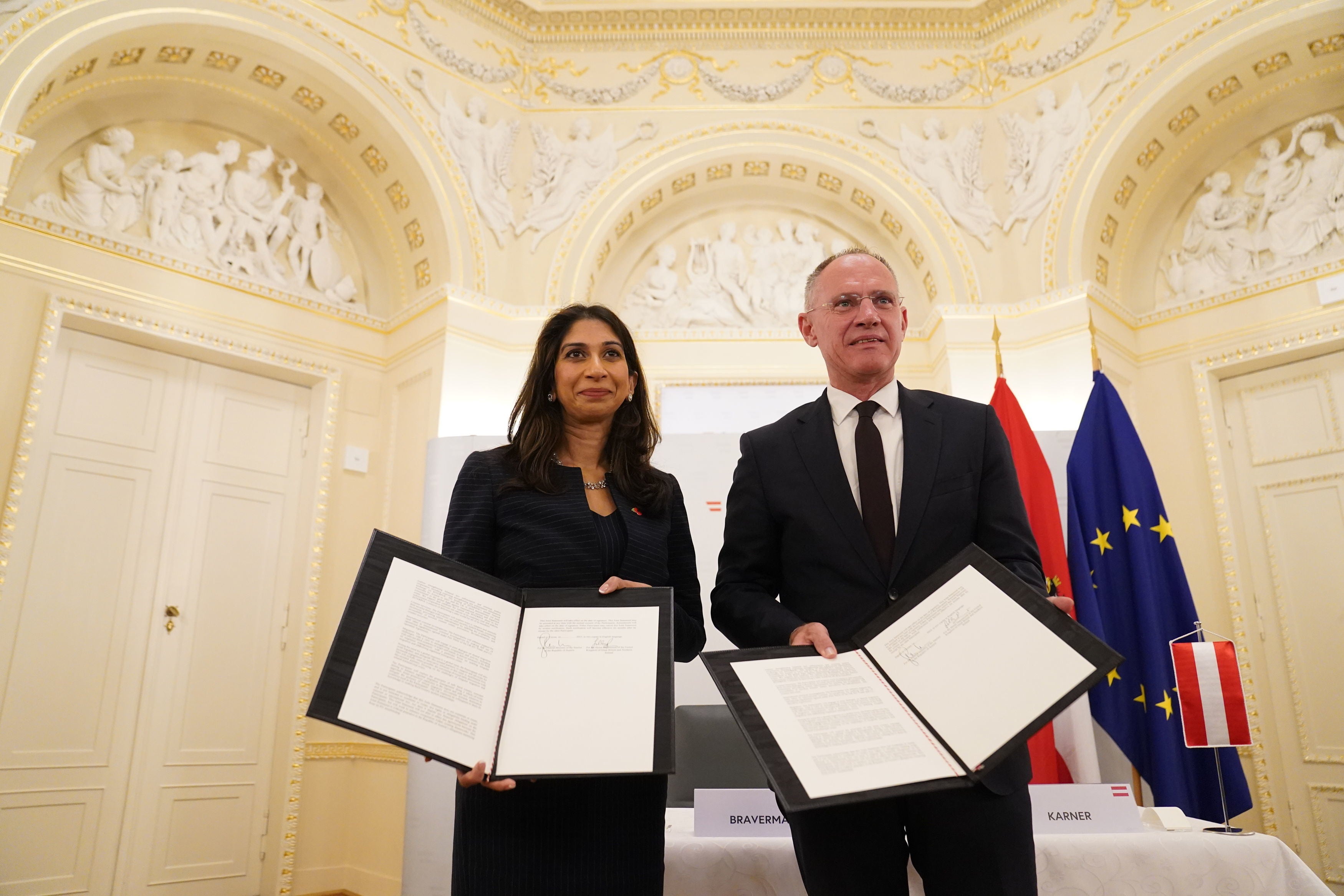 Home Secretary Suella Braverman signs a joint statement on migration and security with Austria's Interior Minister Gerhard Karner in Vienna, Austria.