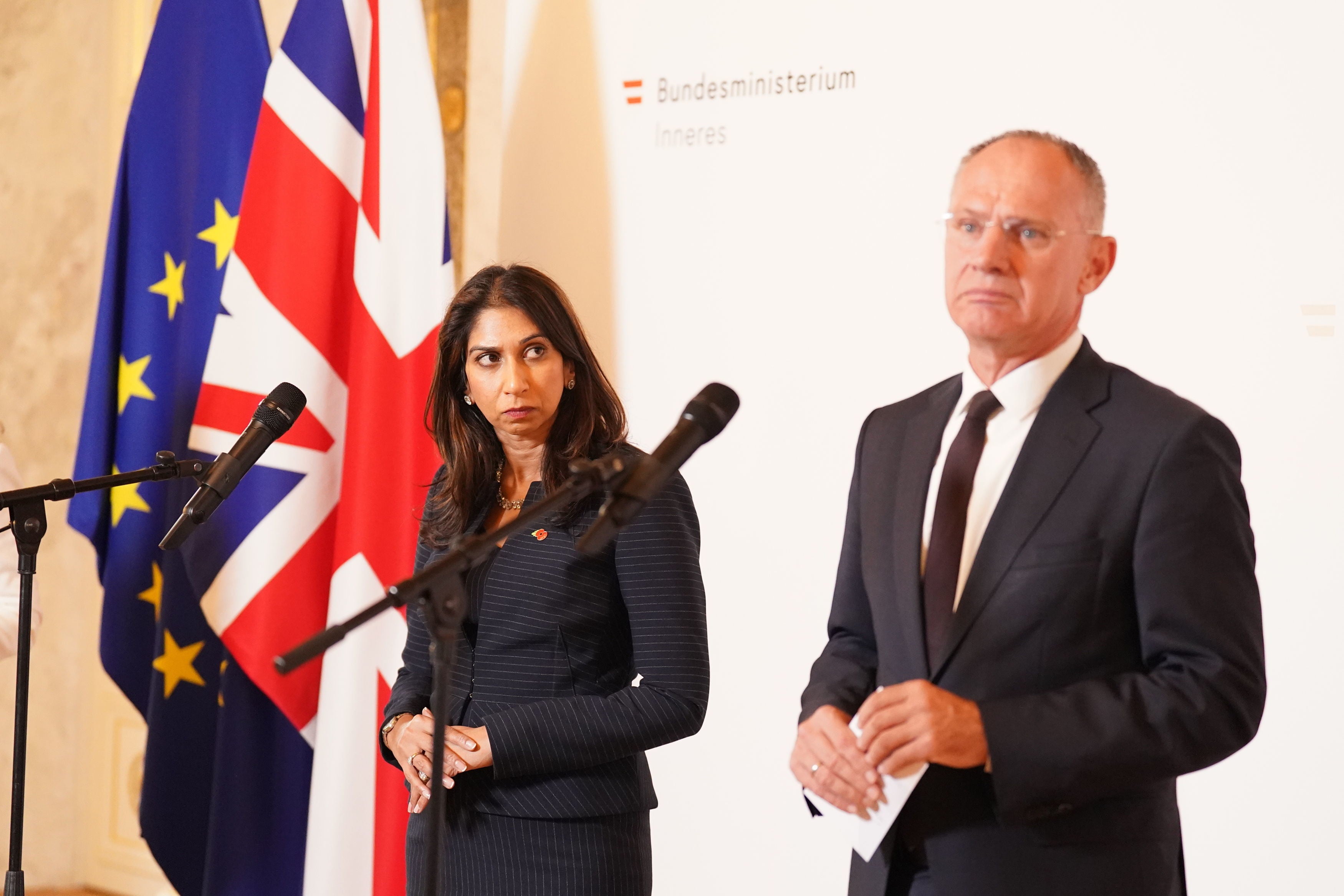 Home Secretary Suella Braverman at a press conference with Austria's Interior Minister, Gerhard Karner, in Vienna.