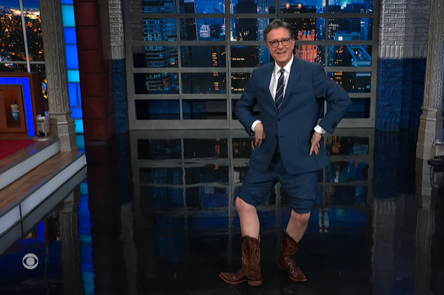 <p>Stephen Colbert shows off his inspired DeSantis boots </p>