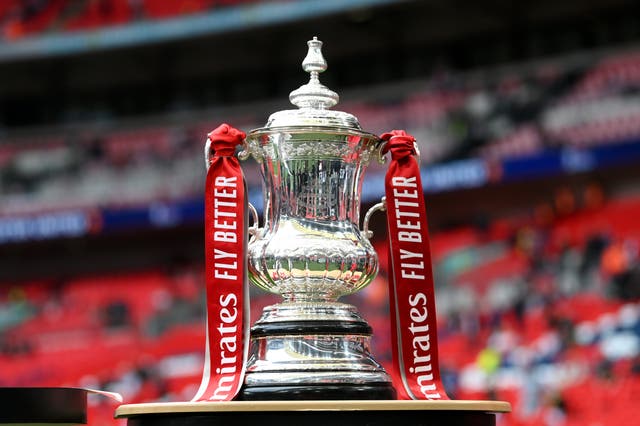 <p>A detailed view of the FA Cup trophy prior to the FA Cup Semi Final match between Manchester City and Sheffield United at Wembley Stadium in April 2023</p>