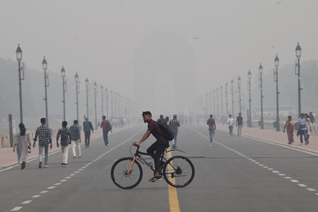 <p>People walk and cycle along the Kartavya Path near India Gate amid heavy smog conditions in Delhi </p>