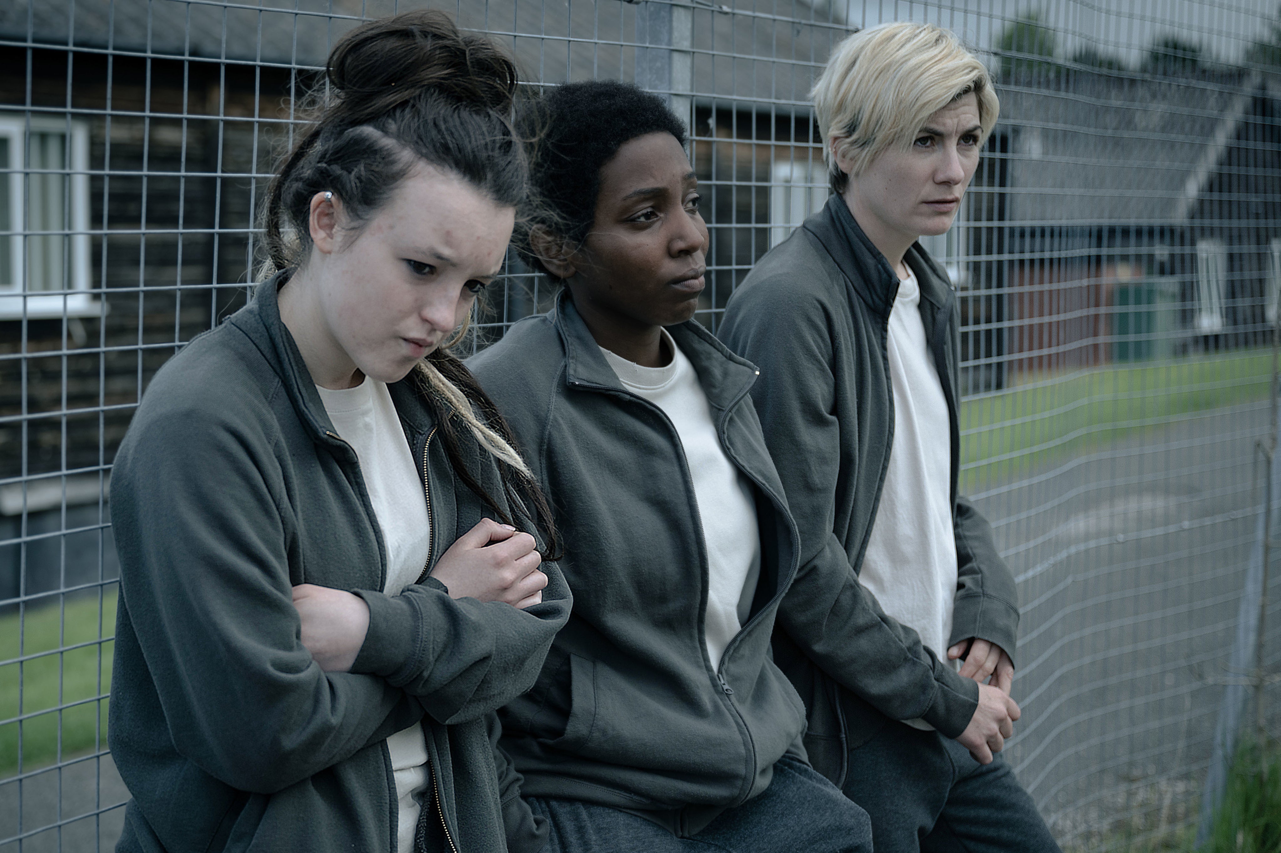 Bella Ramsey, Tamara Lawrance and Jodie Whittaker as prisoners in ‘Time’