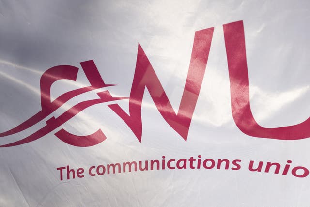 A CWU banner (Belinda Jiao/PA)
