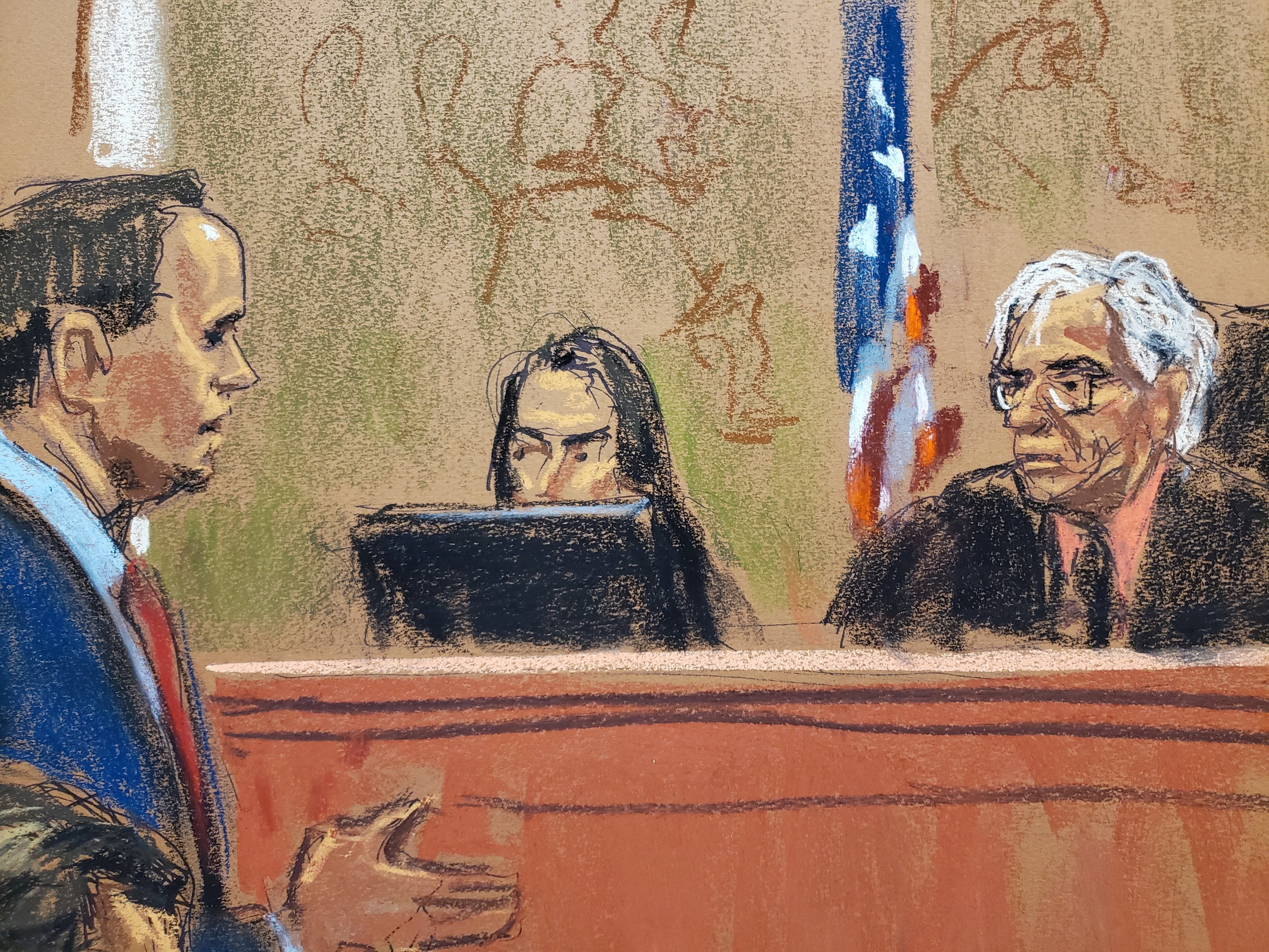 A courtroom sketch depicts Donald Trump’s attorney Christopher Kise, left, speaking to New York Judge Arthur Engoron on 3 November