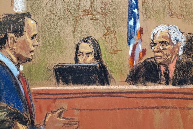 <p>A courtroom sketch depicts Donald Trump’s attorney Christopher Kise, left, speaking to New York Judge Arthur Engoron on 3 November. </p>