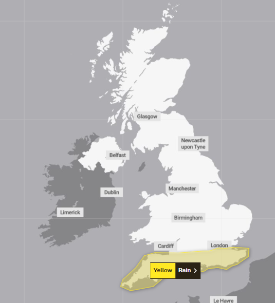 A rain warning is in place as torrential downpours are set to hit the UK