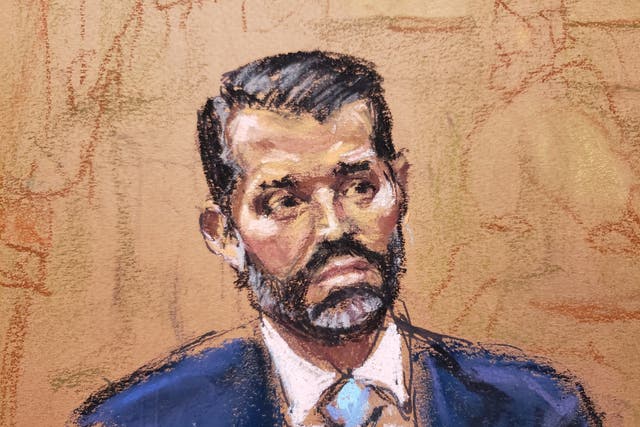 <p>Donald Trump Jr is questioned by Colleen Faherty (not seen), a lawyer for the attorney general's office, during the Trump Organization civil fraud trial before Judge Arthur Engoron in New York State Supreme Court in the Manhattan borough of New York City, U.S., November 2, 2023 in this courtroom sketch</p>