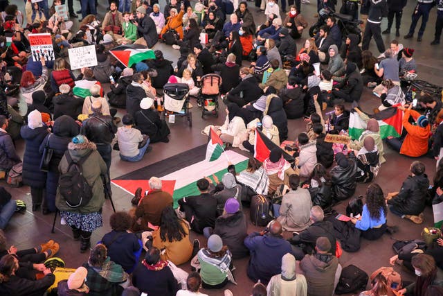 <p>Hundreds of pro-Palestinian supporters take part in a peaceful sit-down protest at  Kings Cross during rush hour </p>
