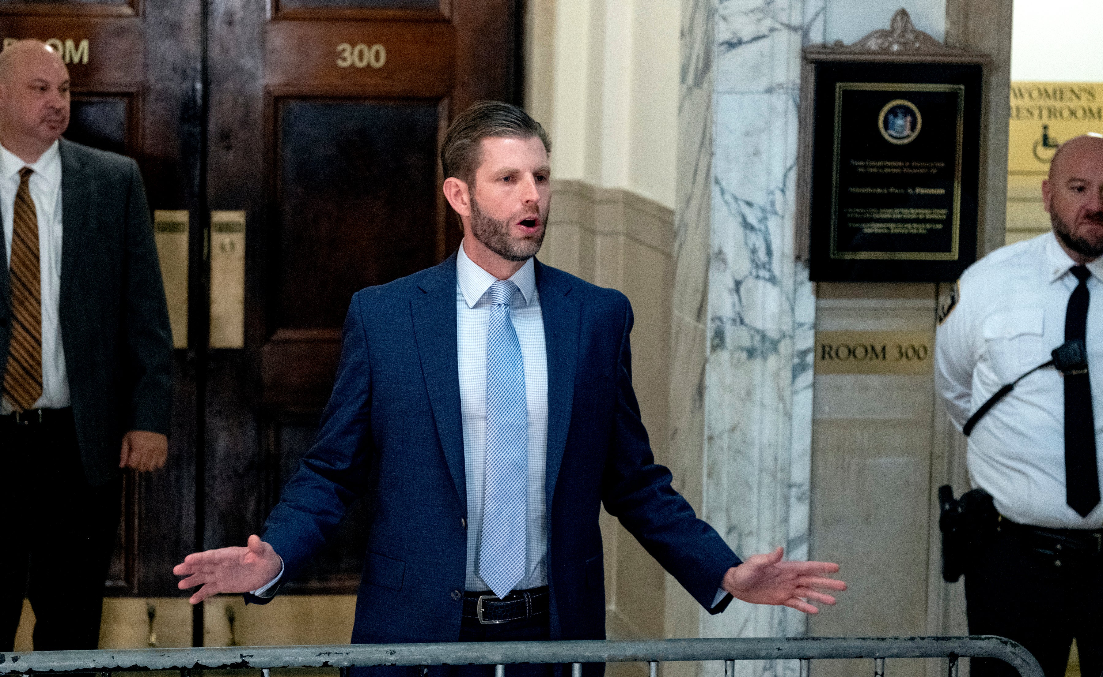 Eric Trump speaks to reporters after his final day of testimony in Judge Arthur Engoron’s courtroom on 3 November.