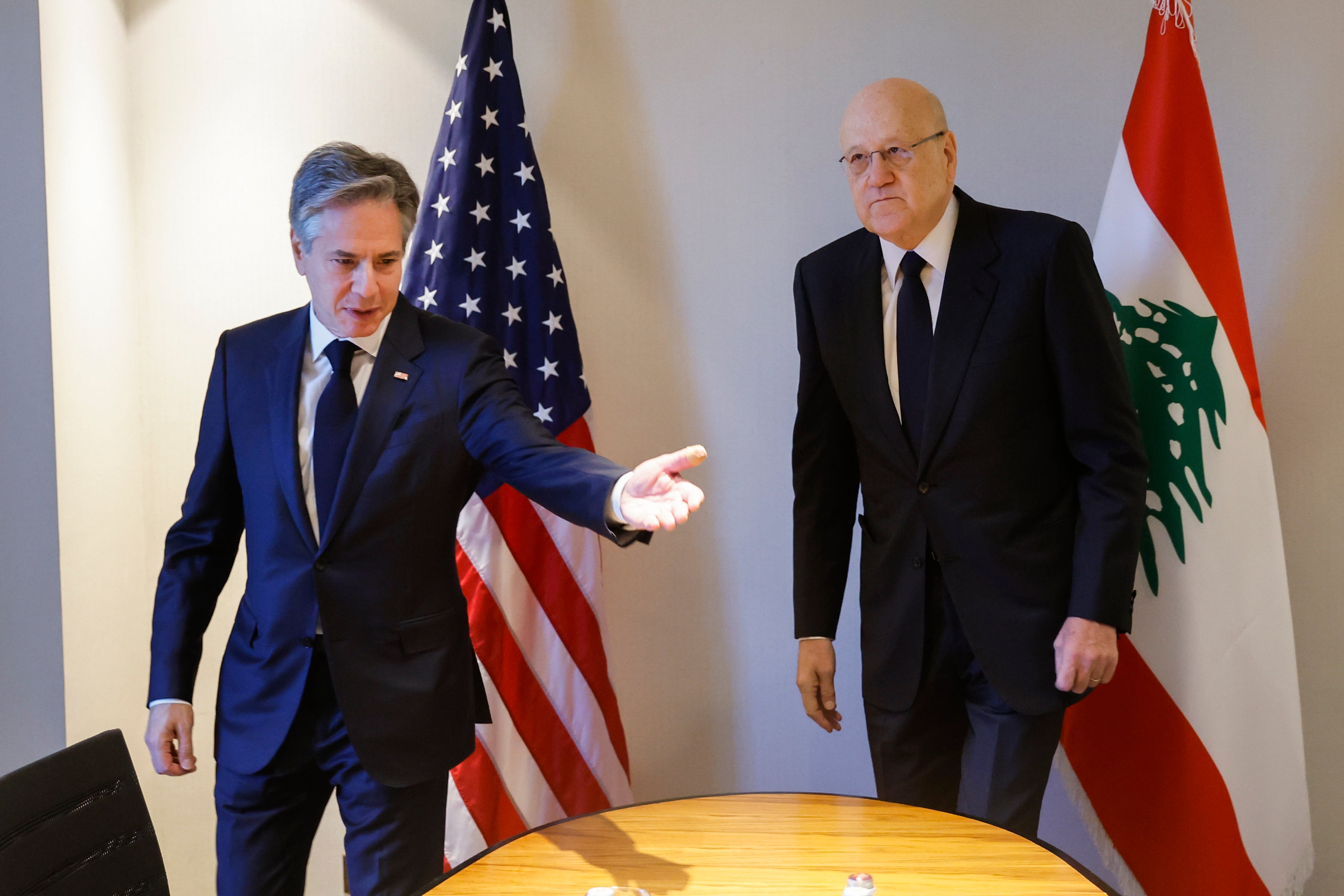 <p>U.S. Secretary of State Antony Blinken, left, meets with Lebanese Caretaker Prime Minister Najib Mikati</p>