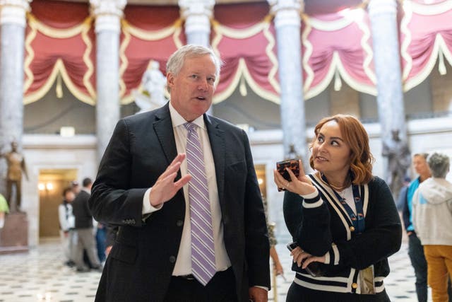 <p>Mark Meadows, who served as White House chief of staff under former President Donald Trump, is seen talking to a reporter in the U.S. Capitol in Washington, DC, USA, 10 October 2023</p>