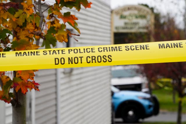 <p>Crime scene tape still surrounds Schemengees Bar & Grille, Sunday, Oct. 29, 2023, in Lewiston, Maine</p>
