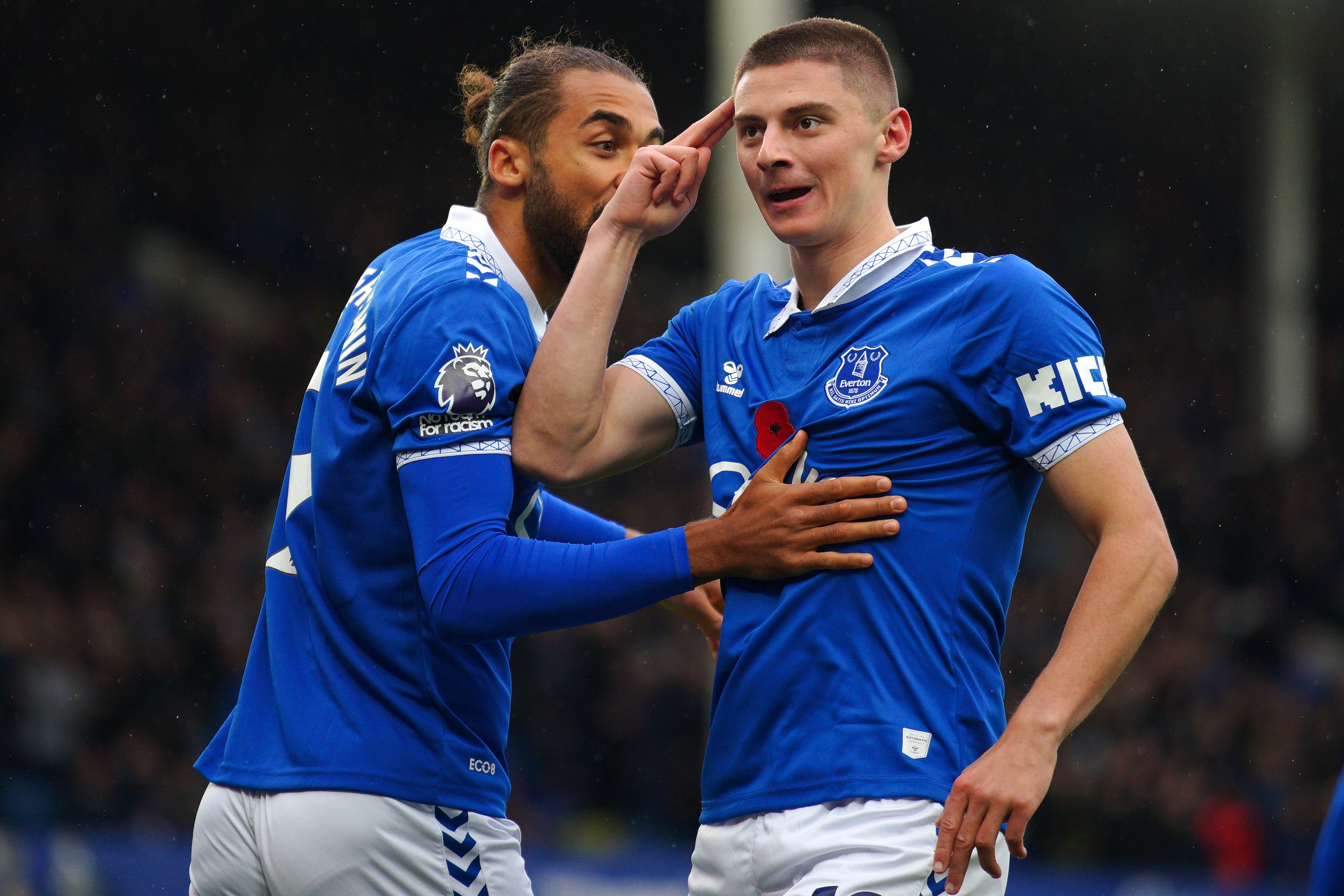 Vitaliy Mykolenko celebrates scoring for Everton (Peter Byrne/PA)